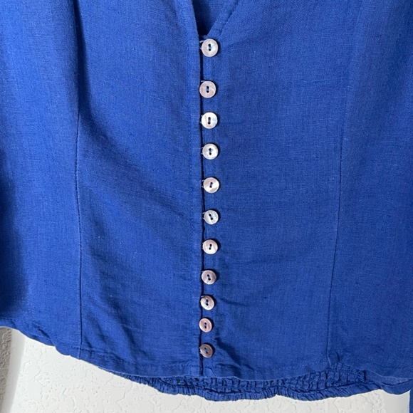 Free People Women Embroidered Floral Puff Sleeve Sz XS Blue Linen Button Peasant - Picture 5 of 8